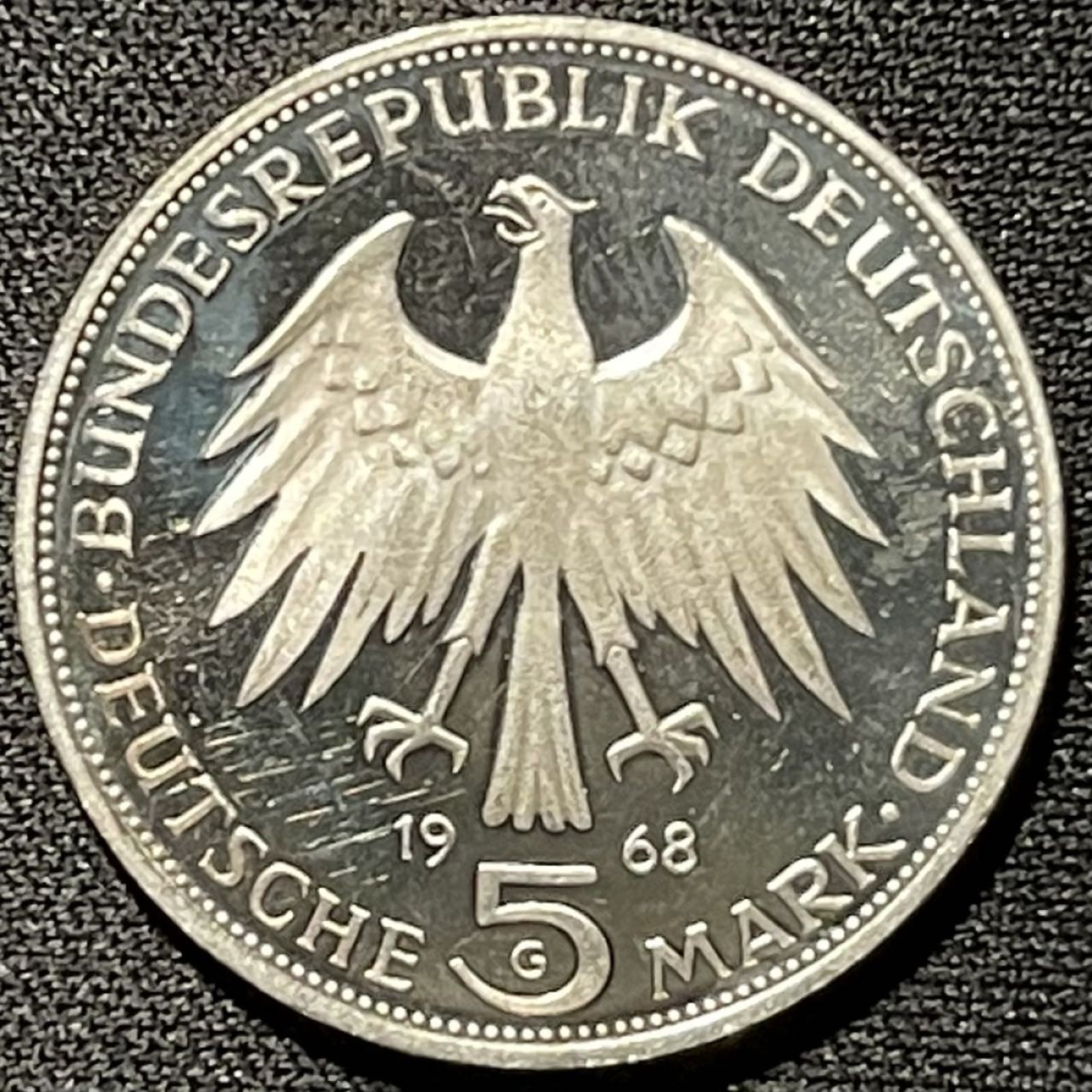 紫瑗钱币——第251期拍卖 联邦德国 1968年 G厂 古登贝格500周年 5马克 11.2克 0.625银 精制