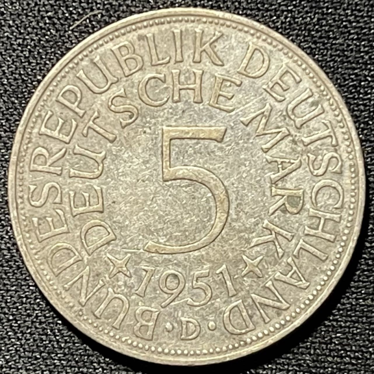 紫瑗钱币——第251期拍卖 联邦德国 1951年 D厂 流通 5马克 11.2 0.625银