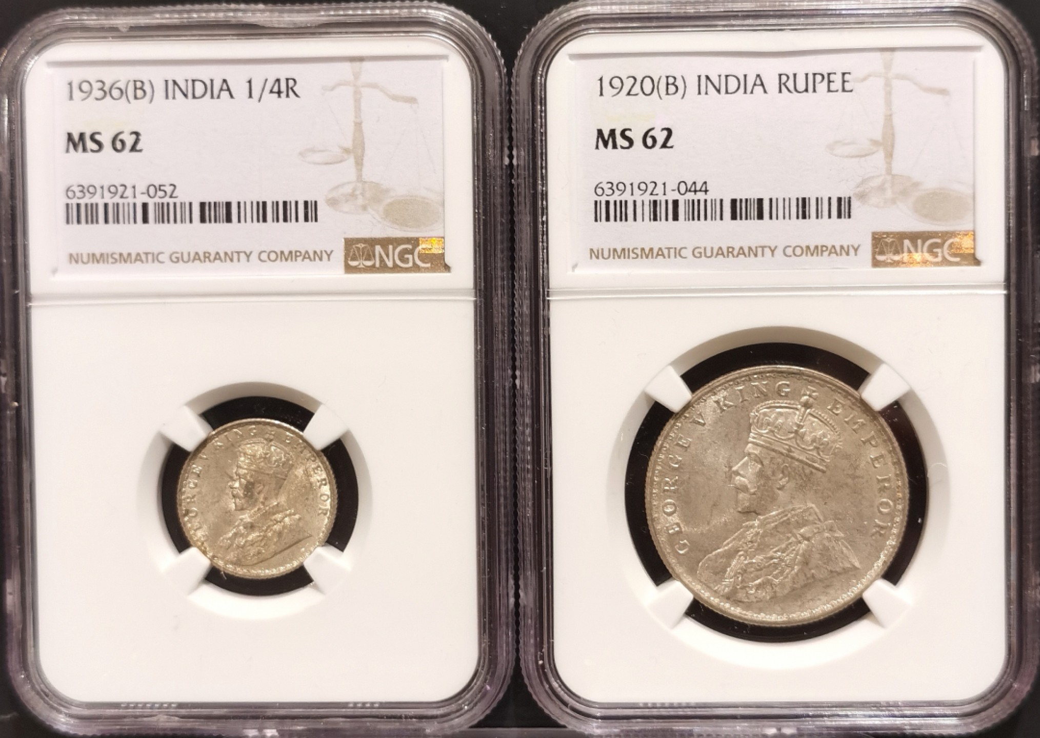 兔年首拍——博洋堂世界钱币拍卖第014期（全场包邮） NGC MS62 英属印度1936年，1920年乔治五世1/4卢比，1卢比银币一对