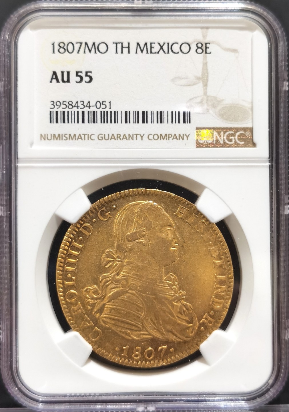 兔年首拍——博洋堂世界钱币拍卖第014期（全场包邮） NGC AU55 1807年西属墨西哥8埃斯库多金币 墨西哥金币价格在殖民地中仅次于危地马拉，这枚整体周正深打无铸缺，光度也非常不错，同分中所见最佳