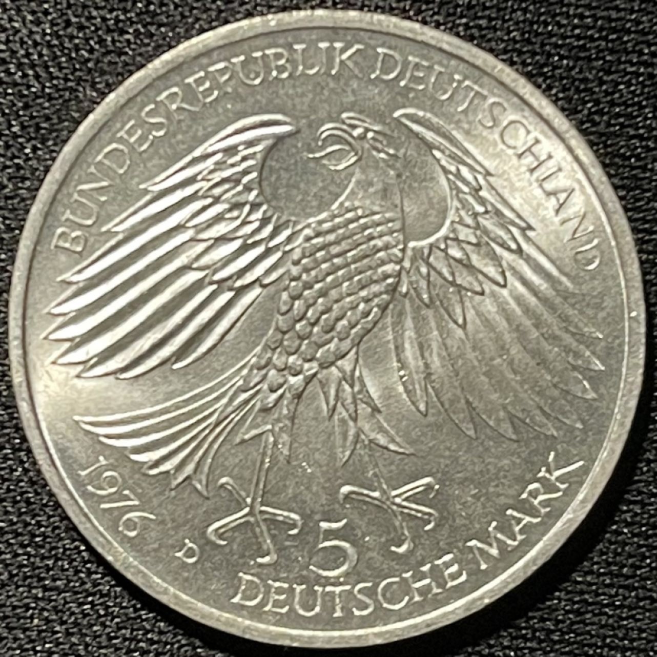 紫瑗钱币——第264期拍卖 联邦德国 1976年 D厂 格里姆·肖森逝世300周年 5马克 11.2克 0.625银 UNC