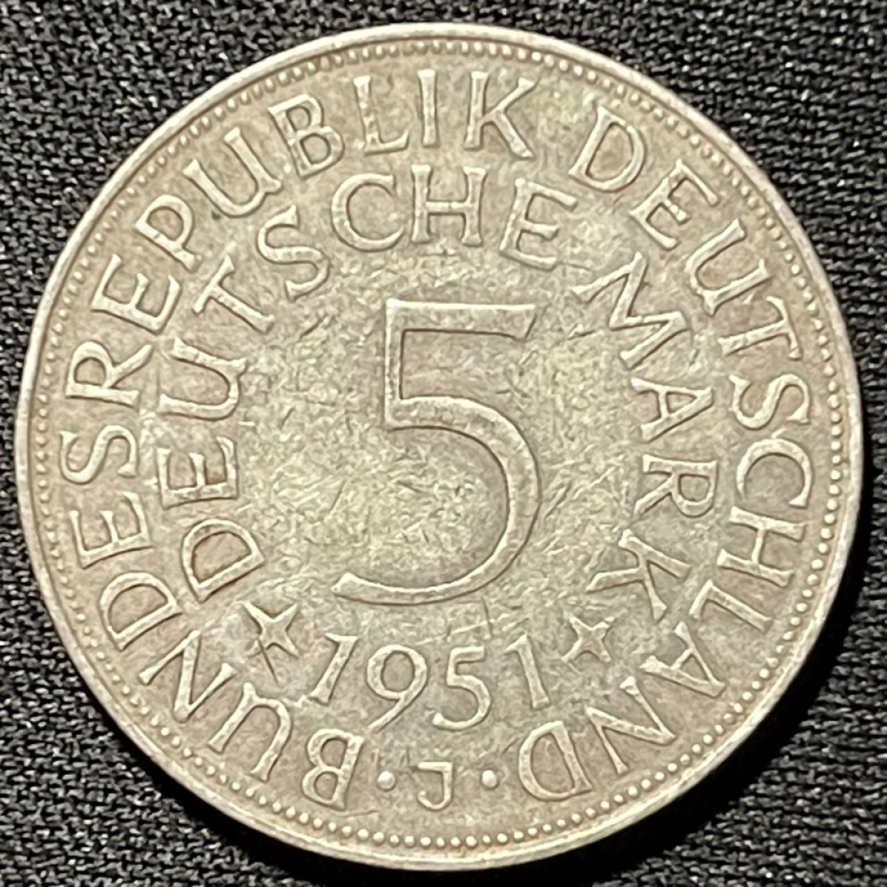 紫瑗钱币——第264期拍卖 联邦德国 1951年 J厂 流通 5马克 11.2 0.625银