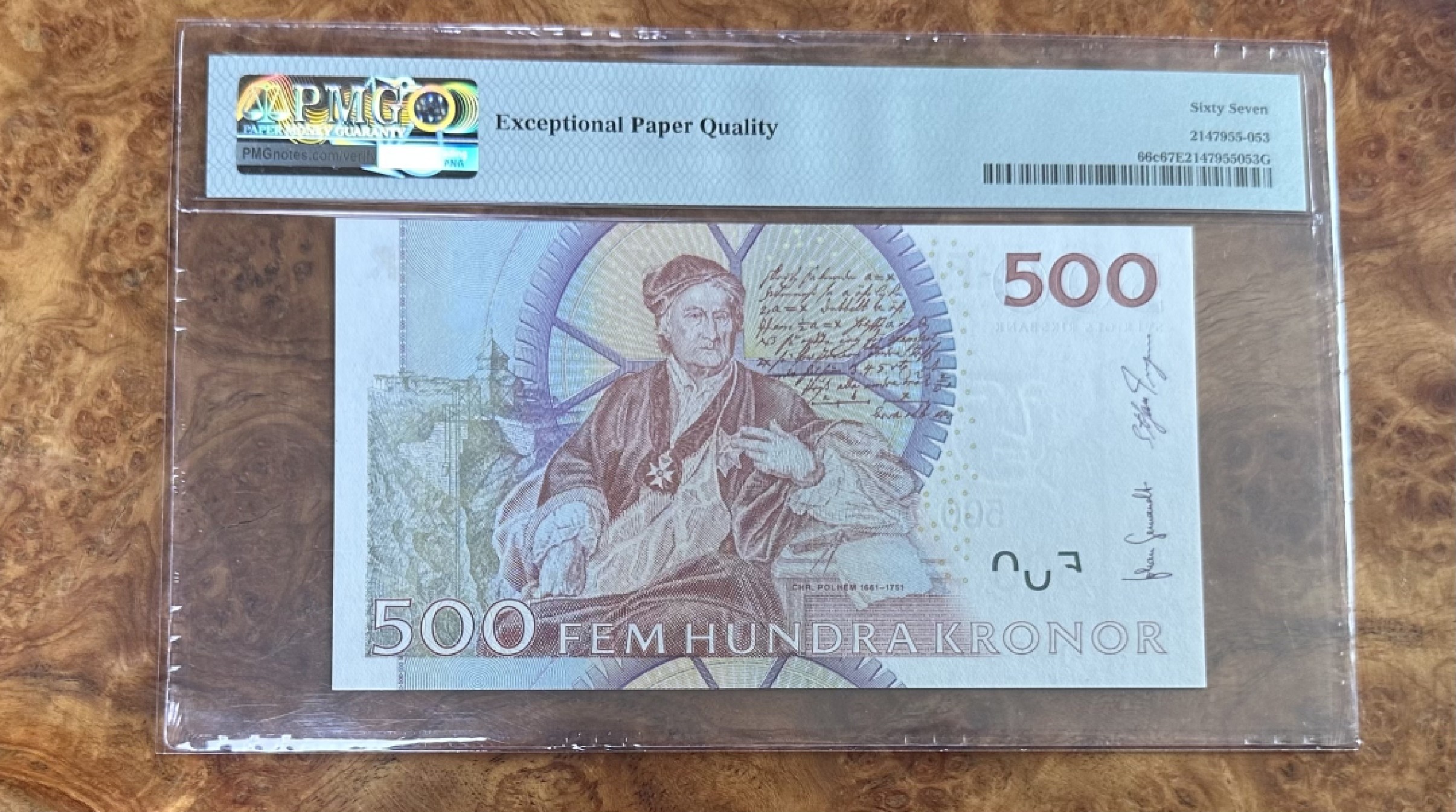 Chase Auction 第16期 - - 外钞、民国钞和一版人民币混合场！ 2007年瑞典500克朗，全息版，PMG67，靓号！无3457！