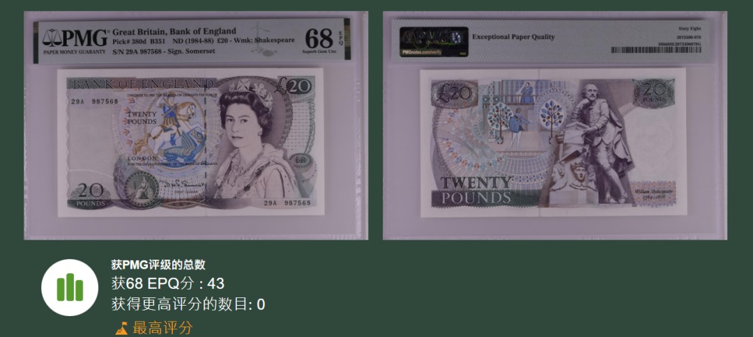 《张总收藏》88期——兔年第一拍 冠军之夜&女王钞&世界最佳纸币 硬货拍到爽！ 英国D序列1984-88年20镑少见A冠PMG68E冠军分无47尾8
