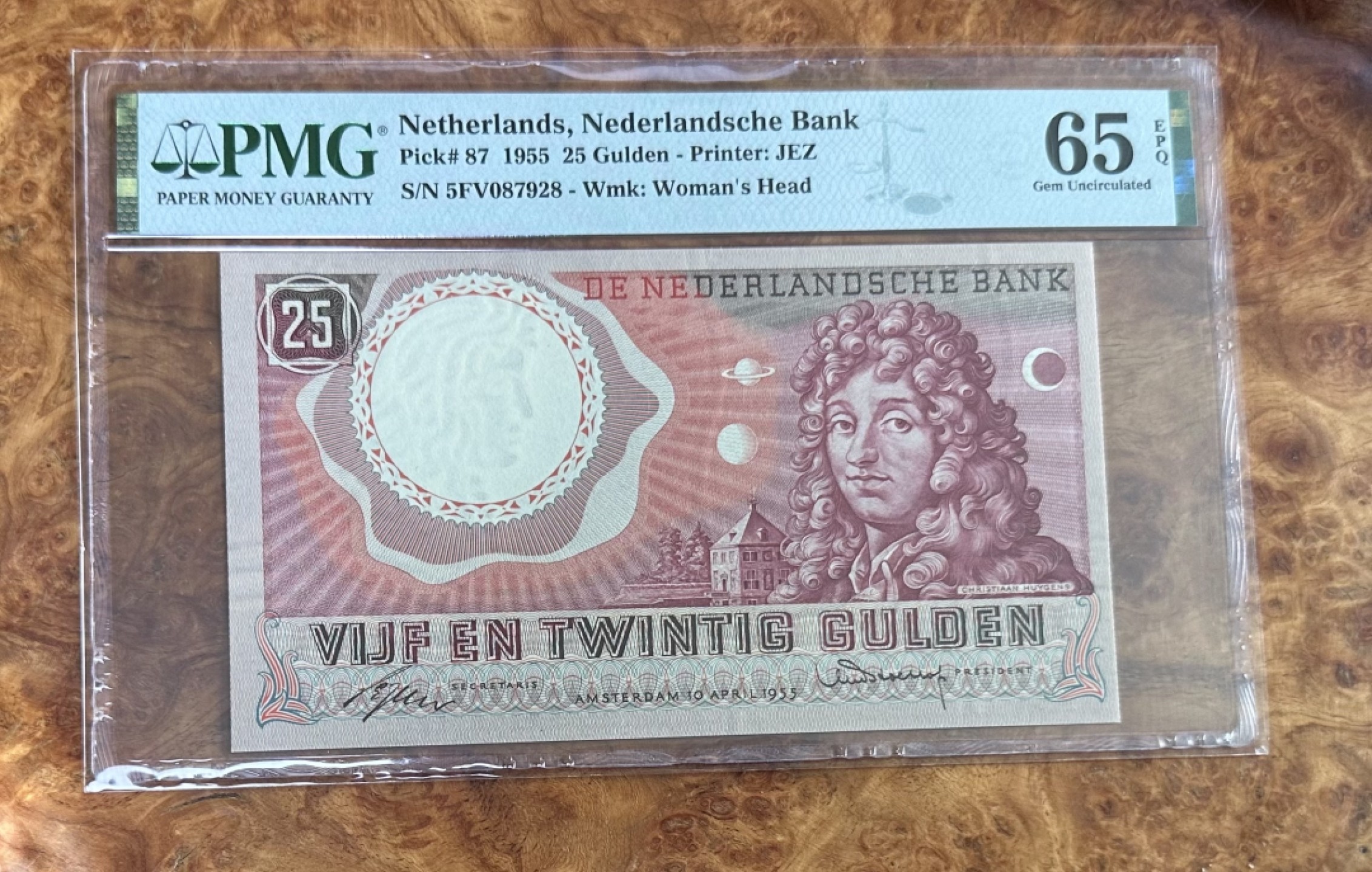 Chase Auction 第16期 - - 外钞、民国钞和一版人民币混合场！ 1955年荷兰25盾，物理学家惠更斯，PMG65分！