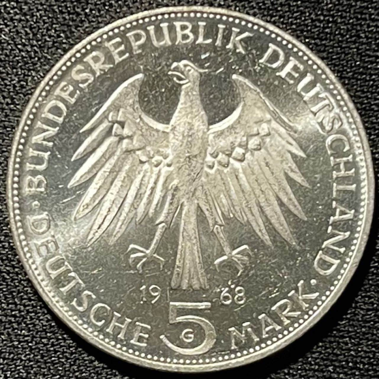 紫瑗钱币——第264期拍卖 联邦德国 1968年 G厂 古登贝格500周年 5马克 11.2克 0.625银 UNC