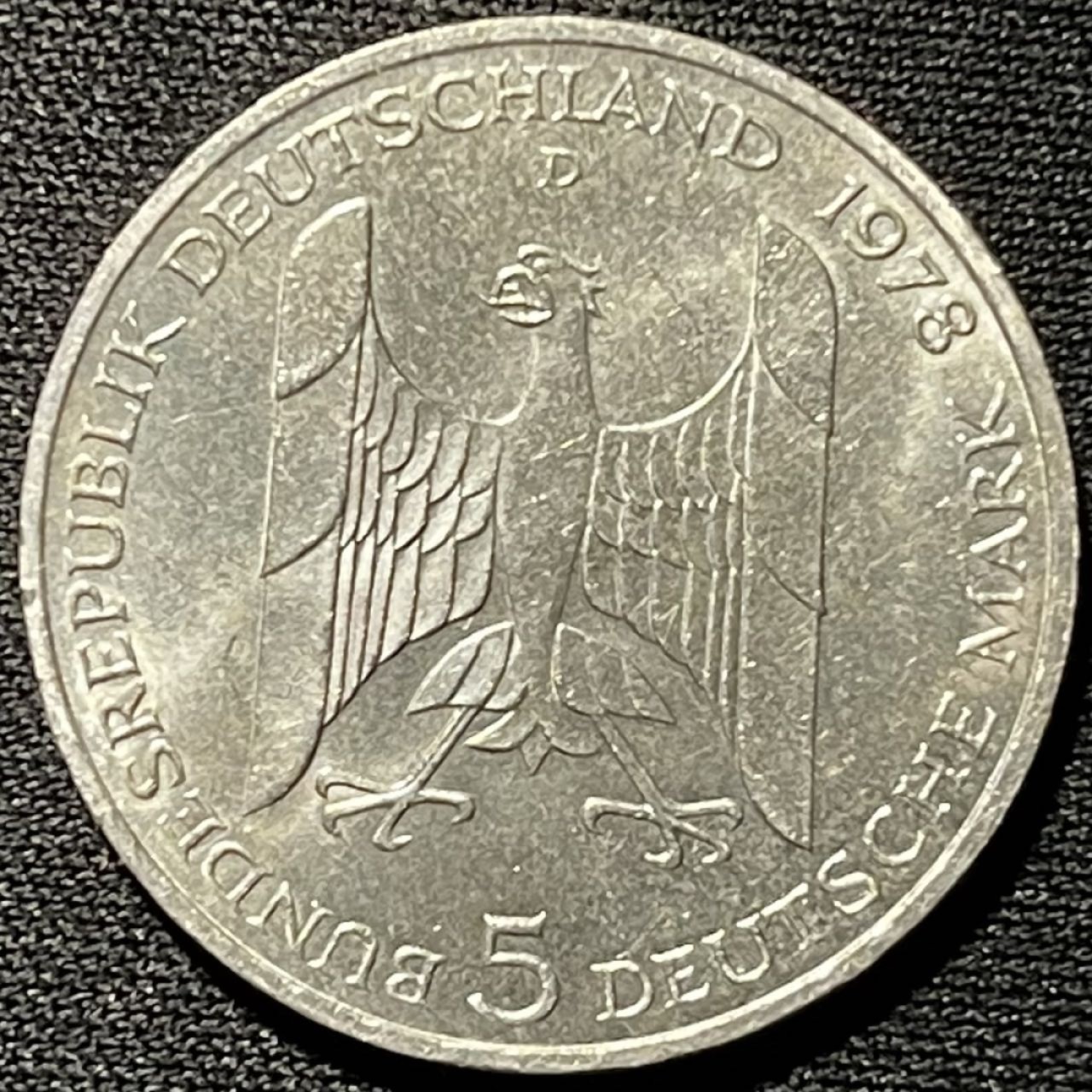 紫瑗钱币——第264期拍卖 联邦德国 1978年 D厂 斯特莱斯曼诞辰100周年 5马克 11.2克 0.625银 UNC