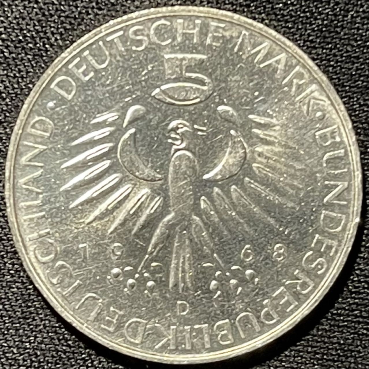 紫瑗钱币——第264期拍卖 联邦德国 1968年 D版 马克斯·冯·佩滕科夫诞辰150周年 5马克 11.2克 0.625银 UNC