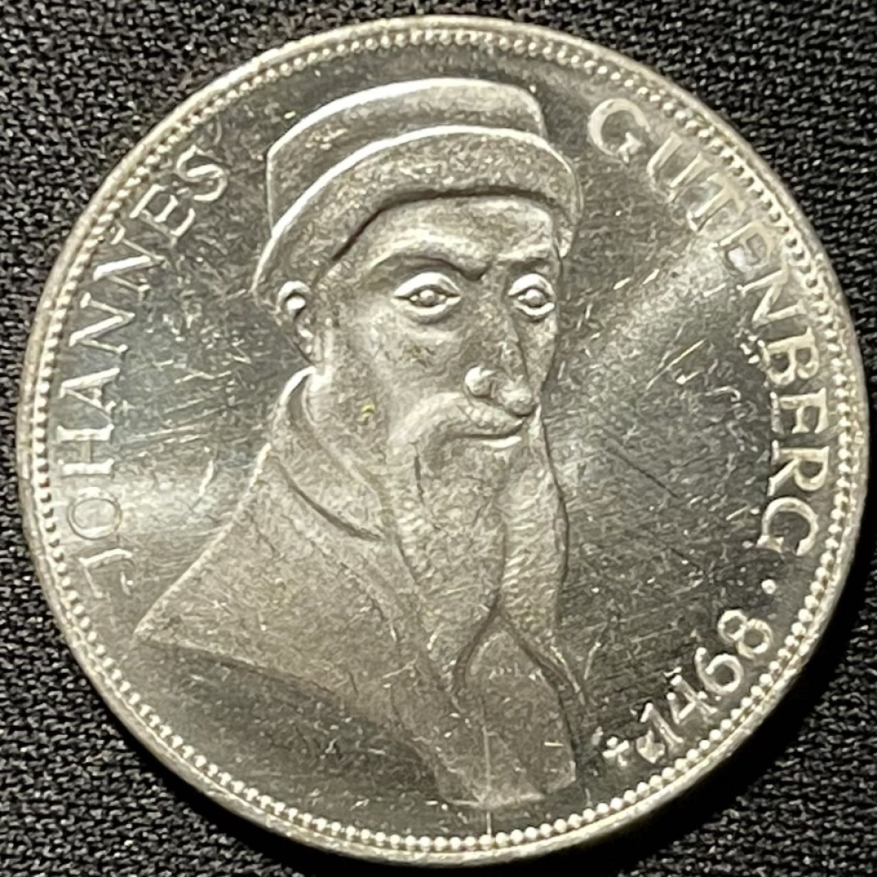 紫瑗钱币——第264期拍卖 联邦德国 1968年 G厂 古登贝格500周年 5马克 11.2克 0.625银 UNC