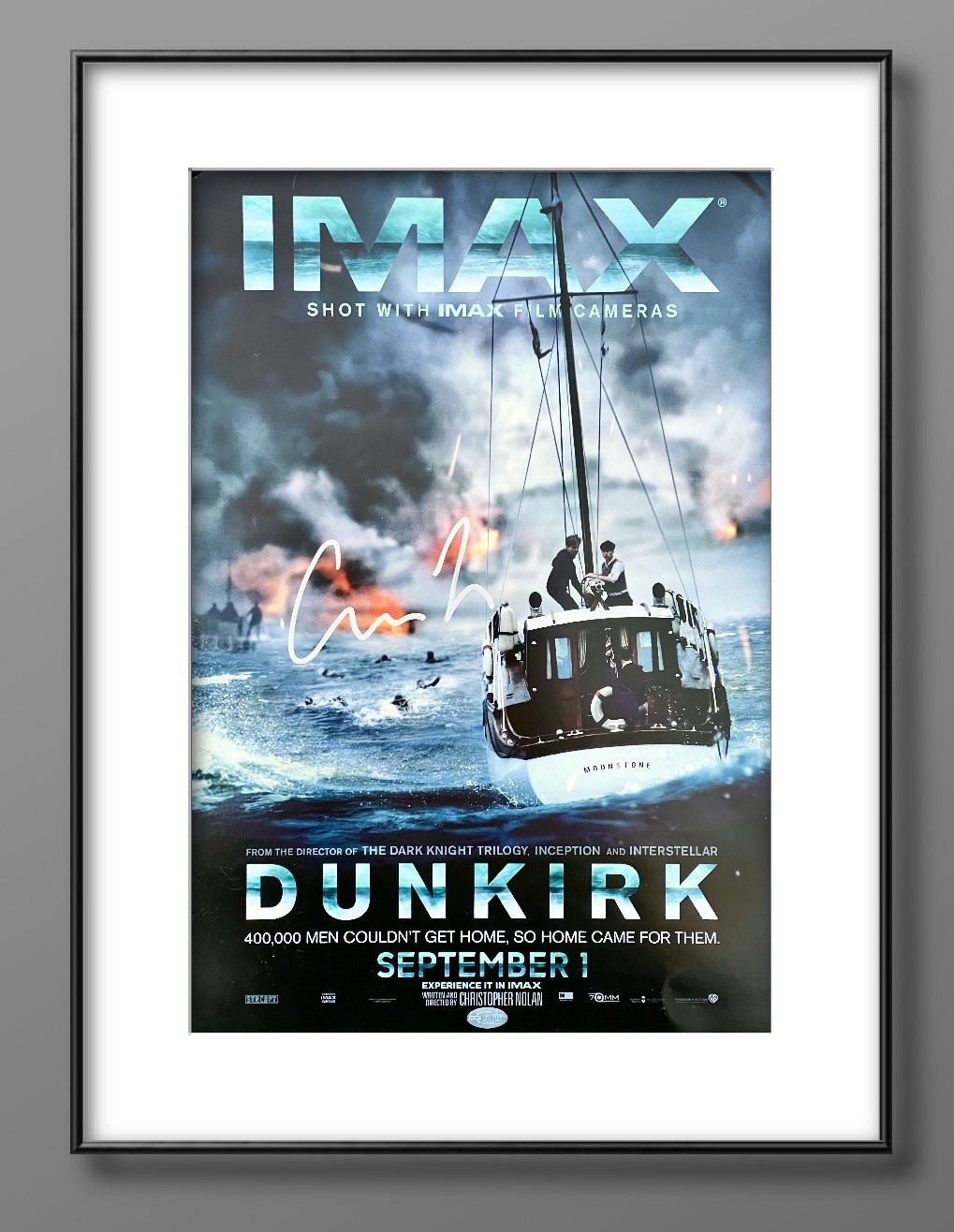 零元拍：《敦刻尔克》导演 诺兰 亲笔签名原版IMAX海报。尺寸A3。图5为装裱效果，拍品不含装裱。