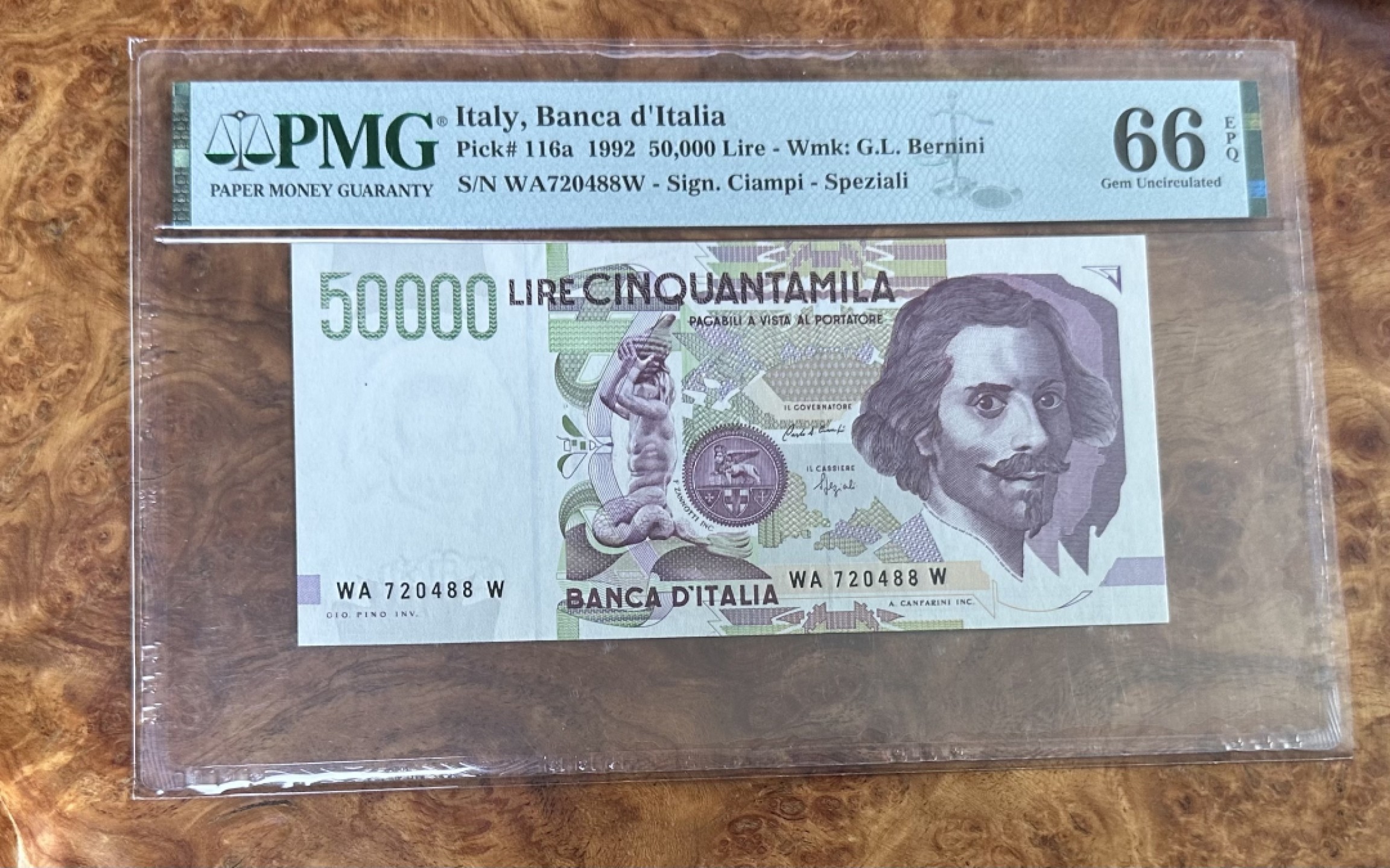 Chase Auction 第16期 - - 外钞、民国钞和一版人民币混合场！ 1992年意大利50000里拉，PMG66，雕塑家贝尼尼！