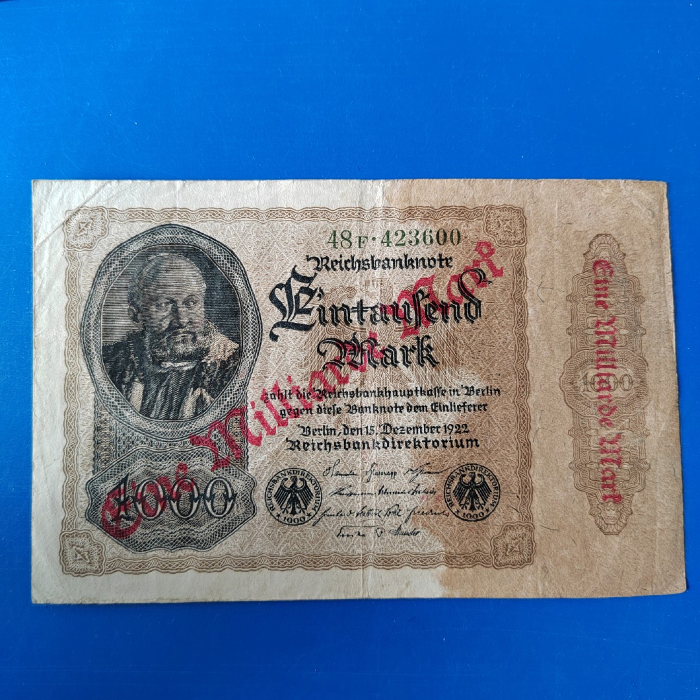 王之爱好～外国纸币 1922年，1000马克加盖一千万马克，德国纸币