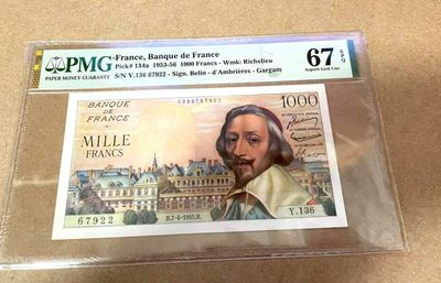 【Blue Auction】✨世界纸币精拍第286期  - 【冠军分 改值前版本】法国 1955年1000法郎 红衣主教黎塞留 PMG67EPQ 高分少见