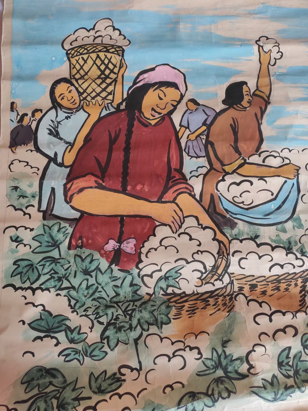 文革宣传画（采棉生产彩绘图）全品,保真保老,尺寸:两开,少见