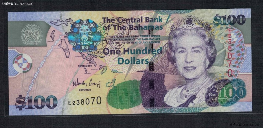 巴哈马2009年100元 无4 美洲币 实物图 UNC