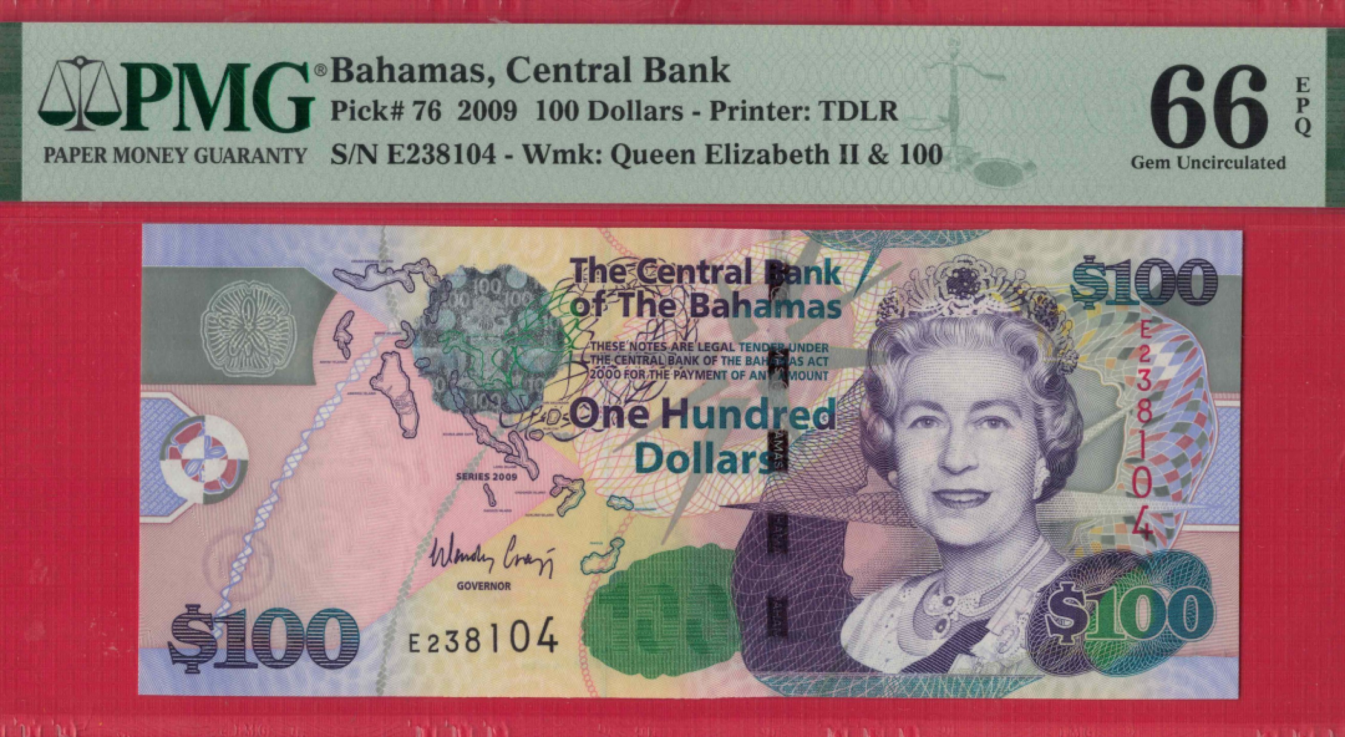 巴哈马2009年100元 P-76 美洲币 实物图 UNC