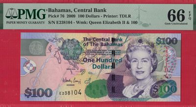 巴哈马2009年100元 P-76 美洲币 实物图 UNC - 巴哈马2009年100元 P-76 美洲币 实物图 UNC