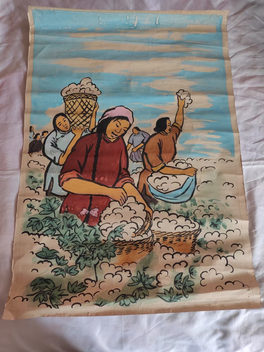 文革宣传画（采棉生产彩绘图）全品,保真保老,尺寸:两开,少见