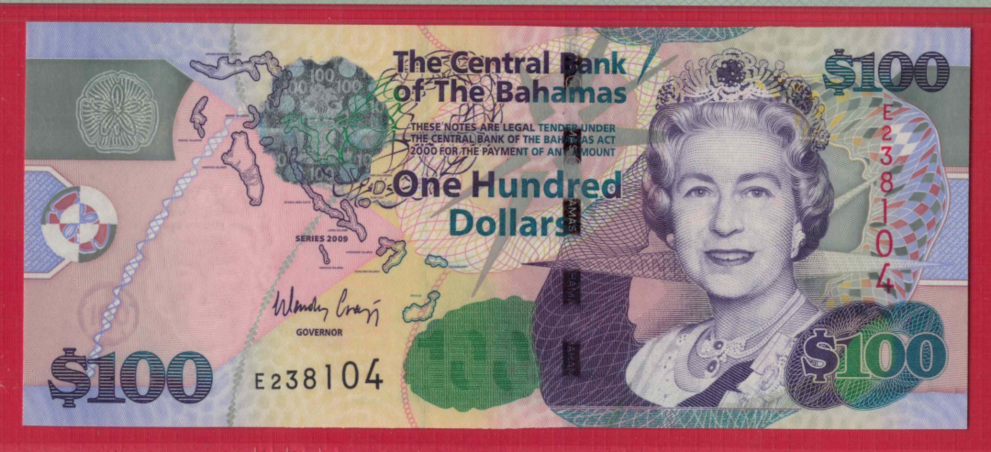巴哈马2009年100元 P-76 美洲币 实物图 UNC