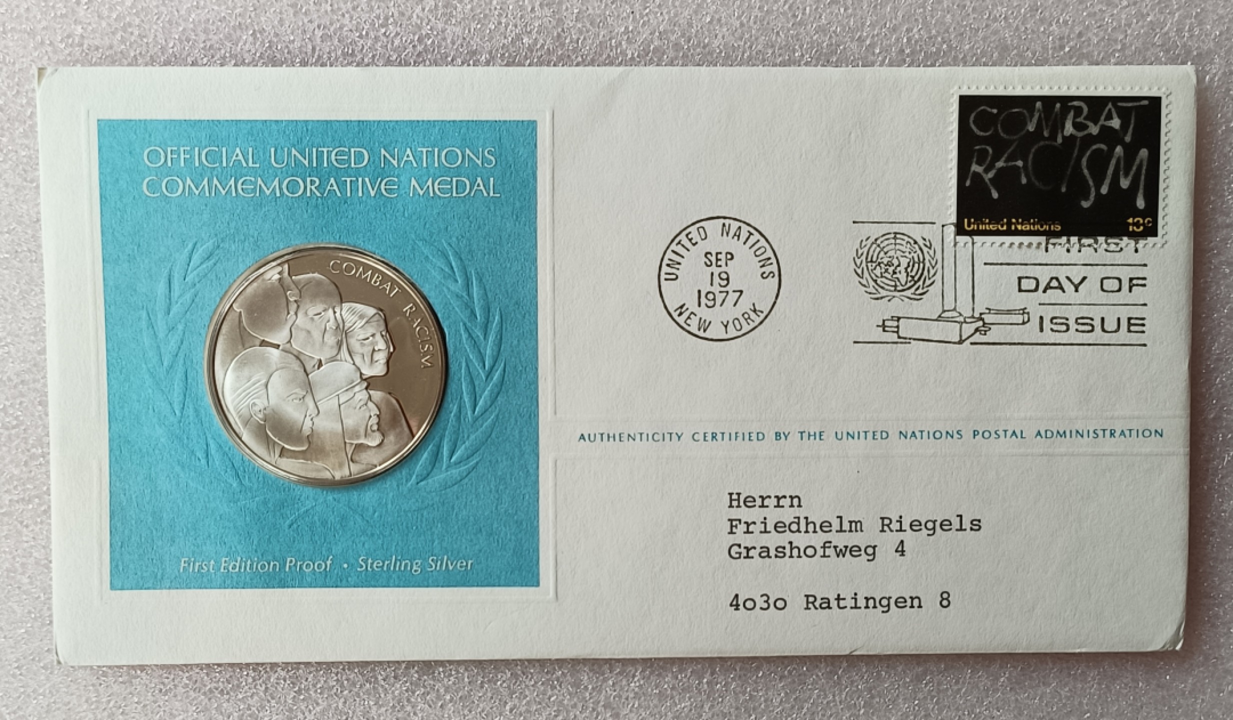 瓶子🏺第78期拍卖会 联合国1977年发行居民银质章原封（1盎司）