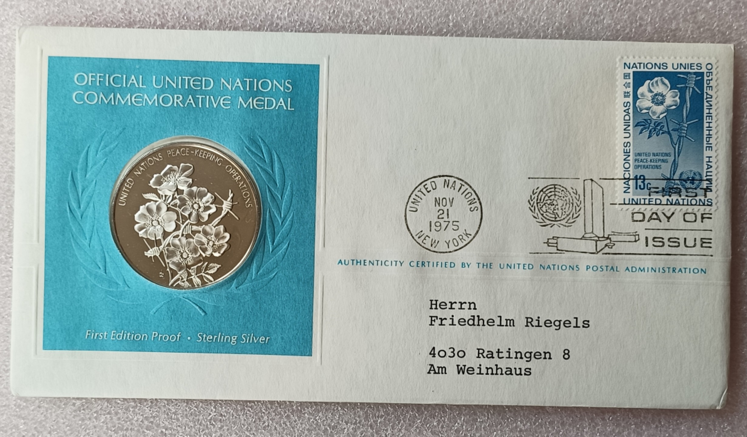 瓶子🏺第78期拍卖会 联合国1975年发行花卉银质章原封（1盎司）