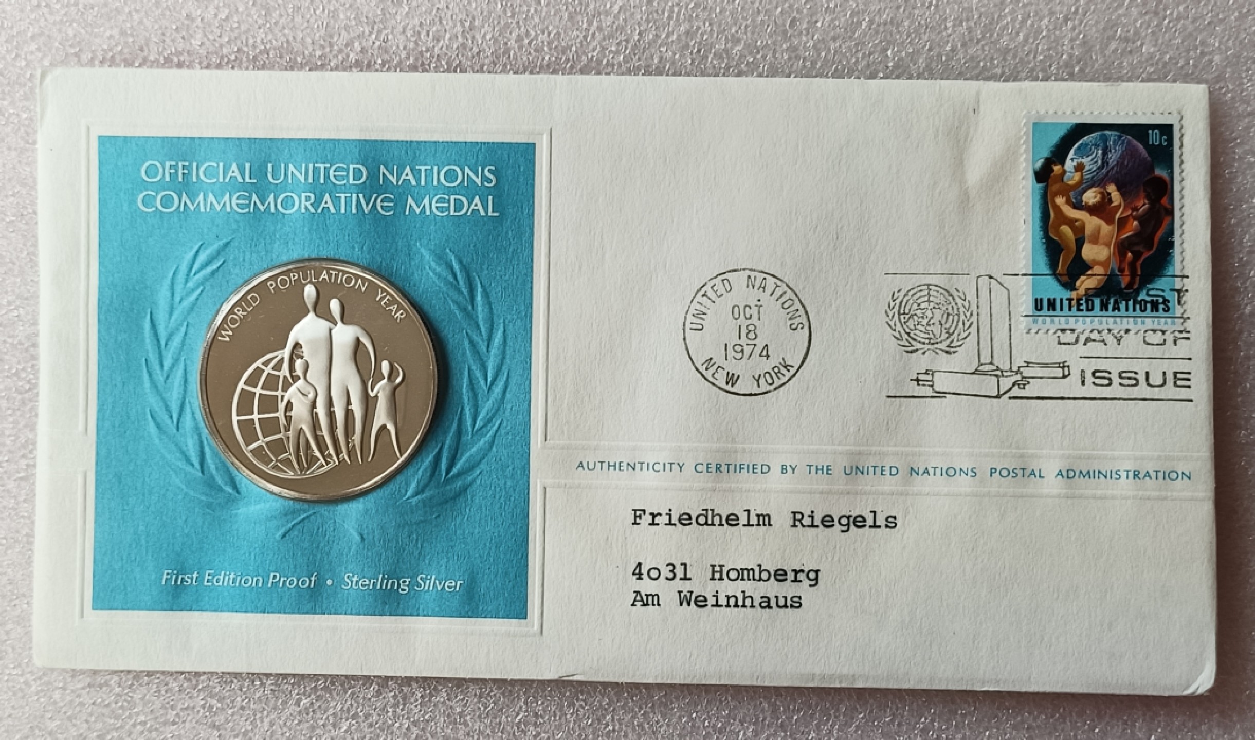 瓶子🏺第78期拍卖会 联合国1974年发行家庭银质章原封（1盎司）