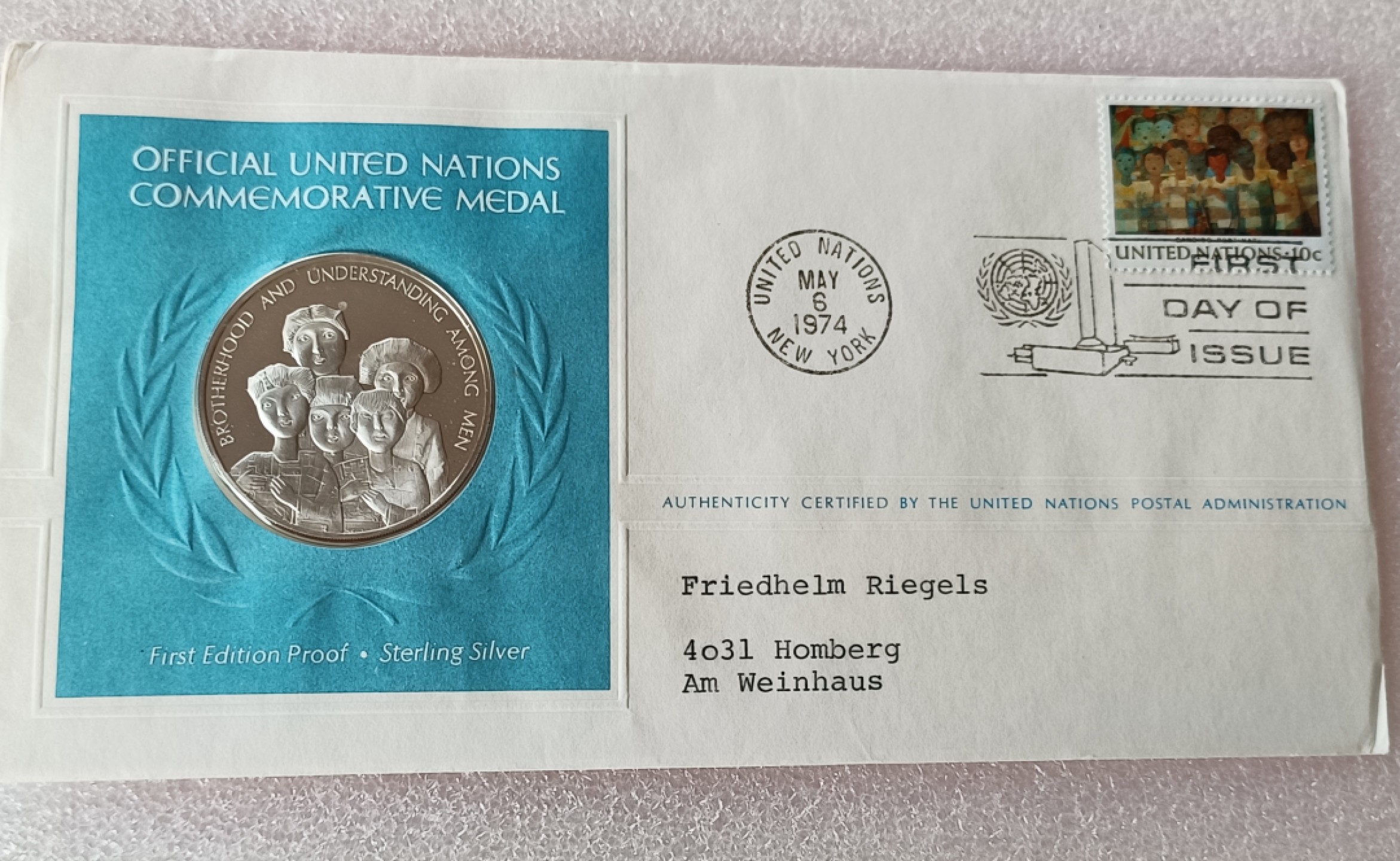 瓶子🏺第78期拍卖会 联合国1974年发行儿童银质章原封（1盎司）