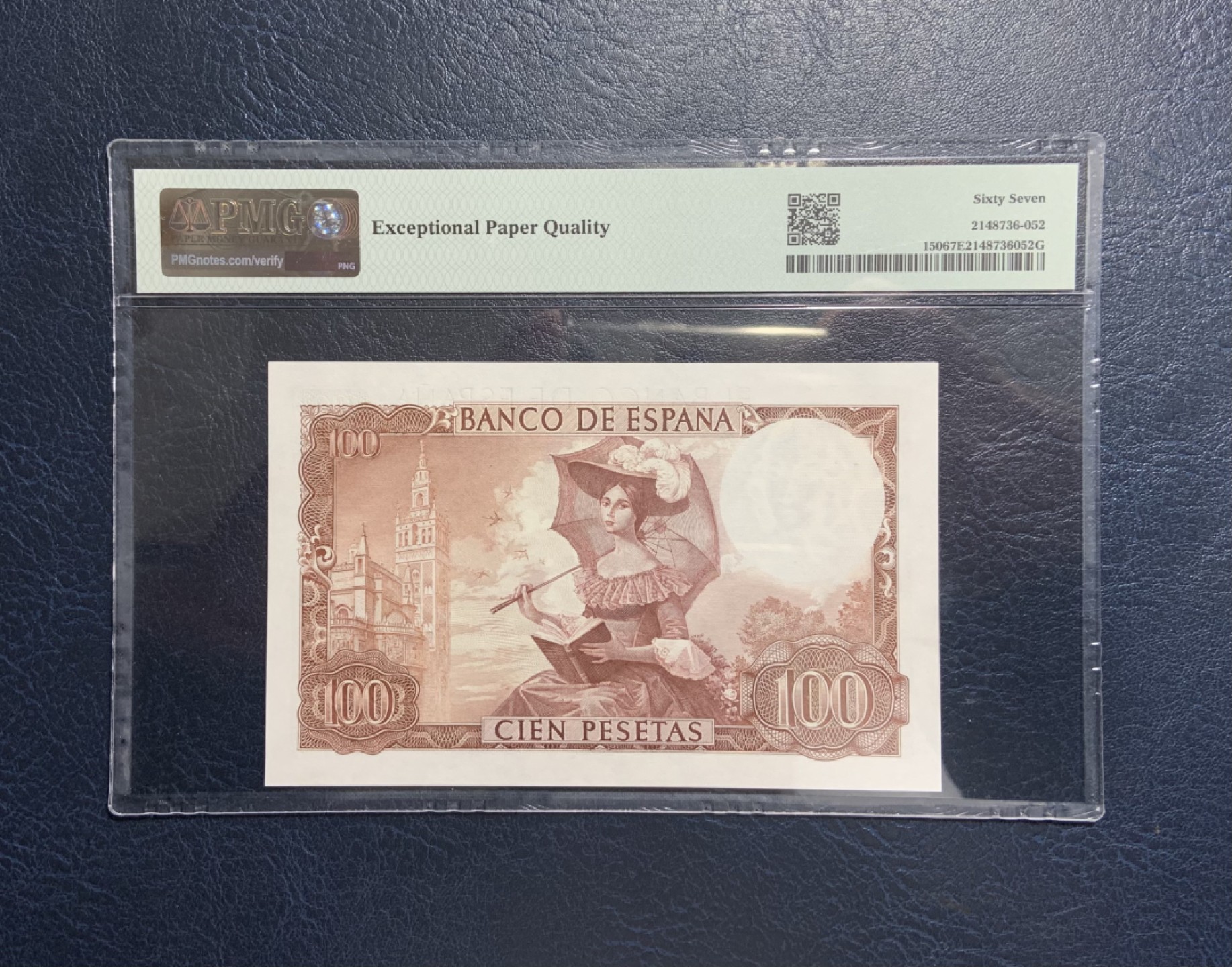 收藏联盟Quantum Auction 第231期拍卖 已更新 西班牙1974年100比塞塔 PMG67 名画《撑阳伞的美妇人》