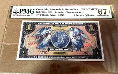 【Blue Auction】✨世界纸币精拍第288期——希梅内斯‧德克萨达 -   【珍品 仅1张更高分 Liberator旧藏】哥伦比亚 1938年1比索 PMG67EPQ 正反面ABNC均设计的非常出彩 背面大场景耐看 1538年，希梅内斯‧德克萨达建立了哥伦比亚首都波哥大，这张是1938年纪念这一重大历史事件400周年发行的纪念钞。高分非常少见值得收藏，高价值品种，目录价远低于市场实际价格，样钞比实钞贵很多。实钞65分5年前拍了3360美金，何况现在67分的样钞了。