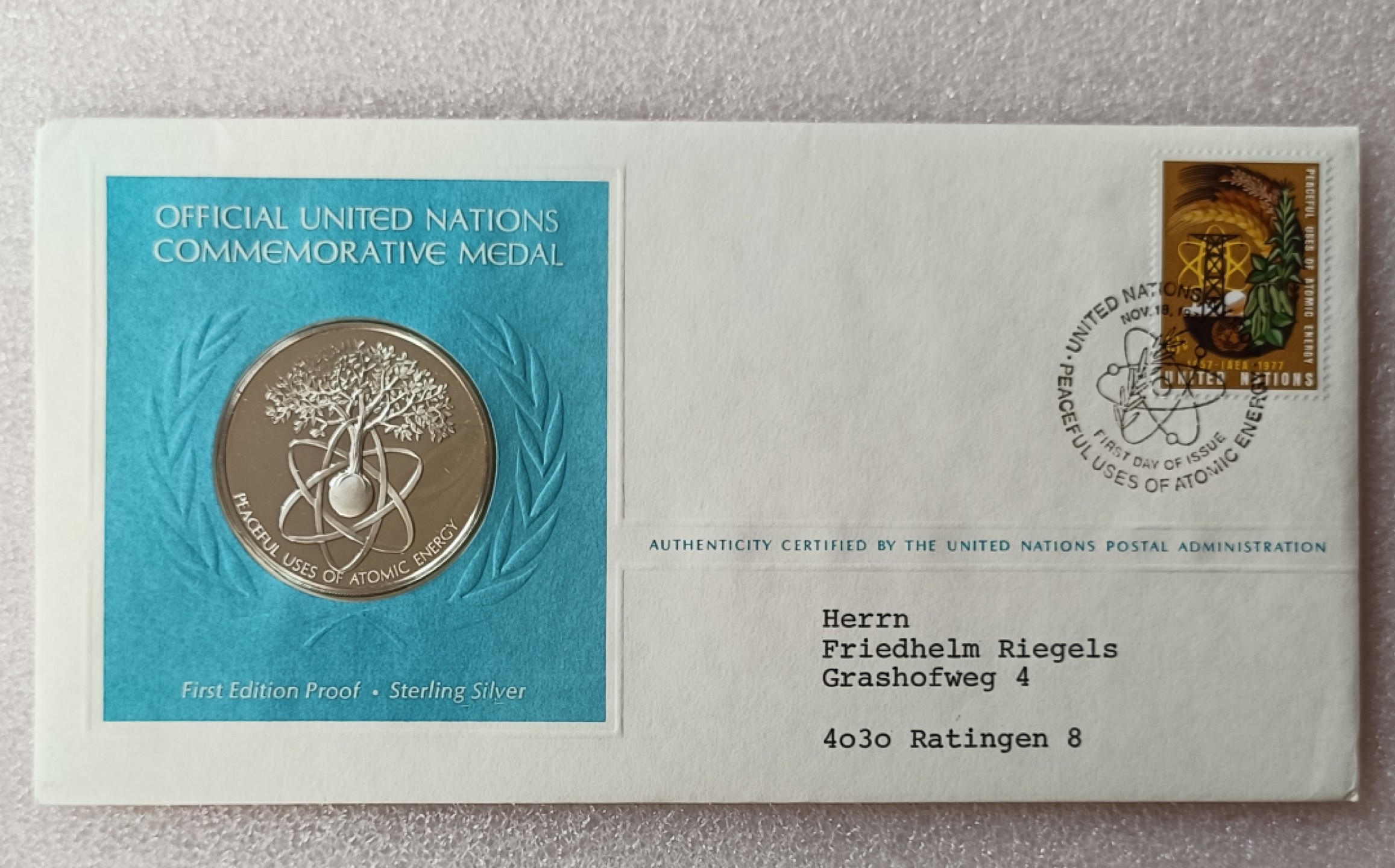 瓶子🏺第78期拍卖会 联合国1977年发行原子银质章原封（1盎司）