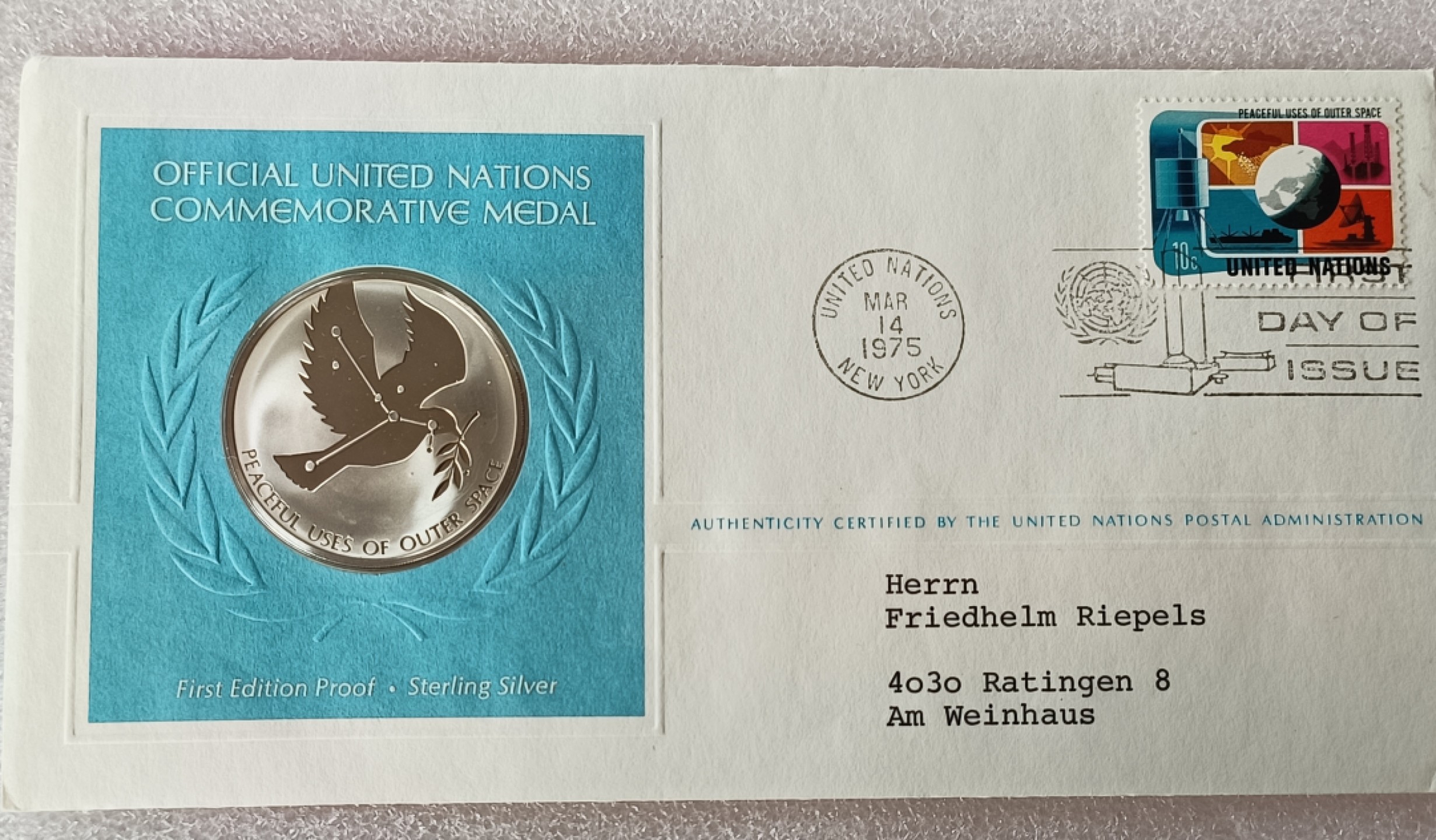 瓶子🏺第78期拍卖会 联合国1975年发行和平鸽银质章原封（1盎司）