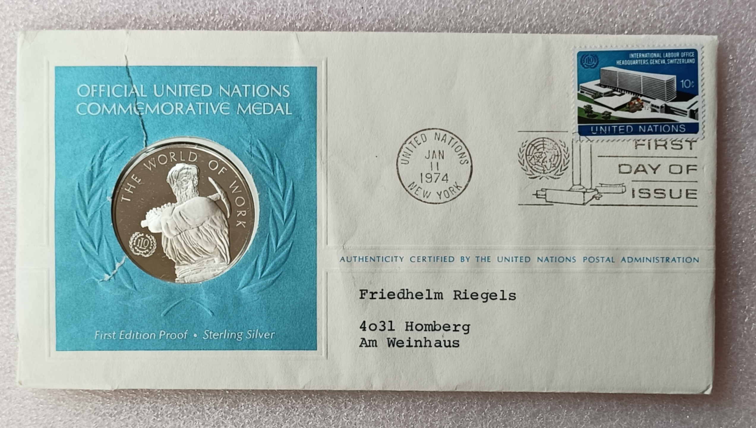 瓶子🏺第78期拍卖会 联合国1974年发行工人银质章原封（1盎司）