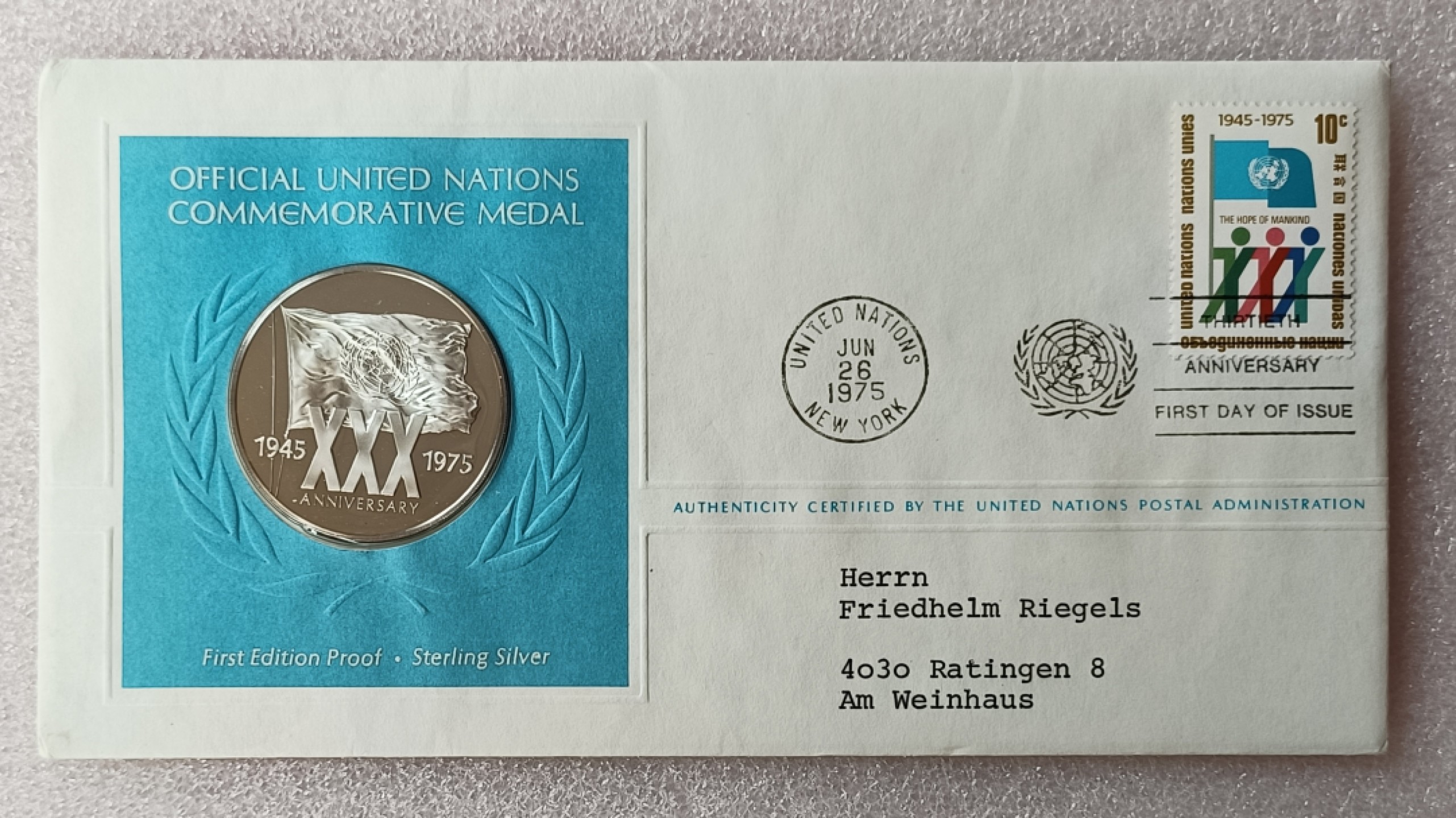 瓶子🏺第78期拍卖会 联合国1975年发行联合国成立30周年银质章原封（1盎司）
