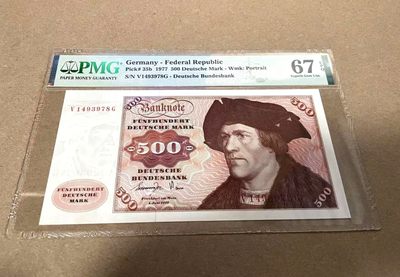 【Blue Auction】✨世界纸币精拍第288期——希梅内斯‧德克萨达 - 德国 1977年500马克 PMG67EPQ  高分大副 雕刻精美 