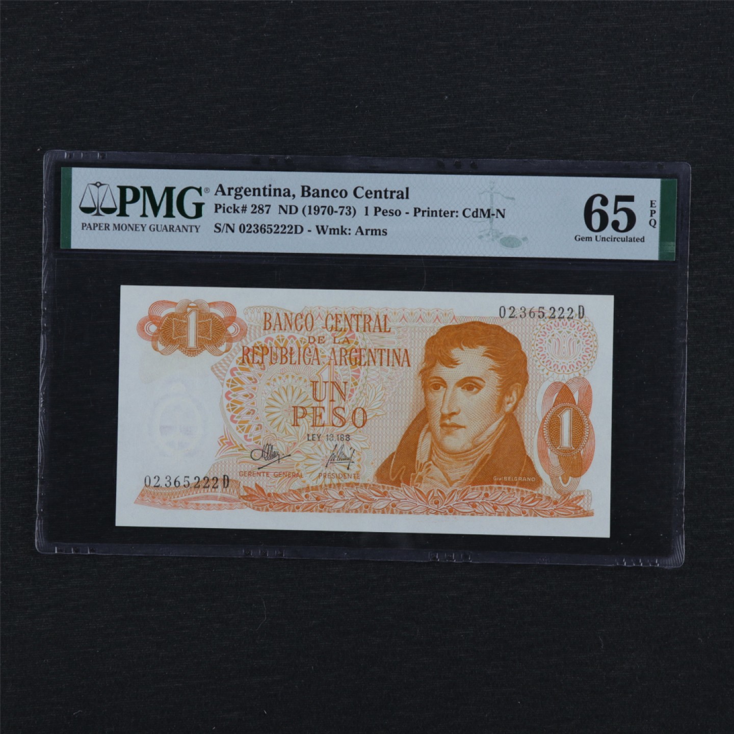 【亘邦集藏】149期拍卖 1970-73年 阿根廷1比索 PMG 65EPQ 02365222