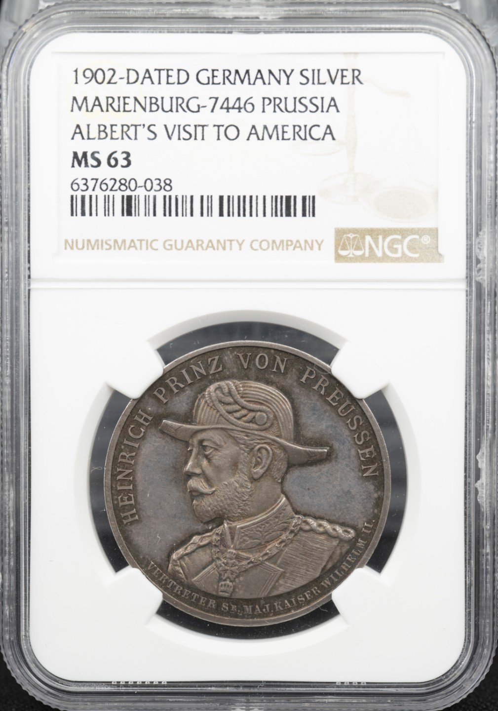 万国钱币拍卖第004期（兔年首拍） 1902年德国普鲁士阿尔伯特亲王访问美国纪念银章，德系美系的唯一经典结合