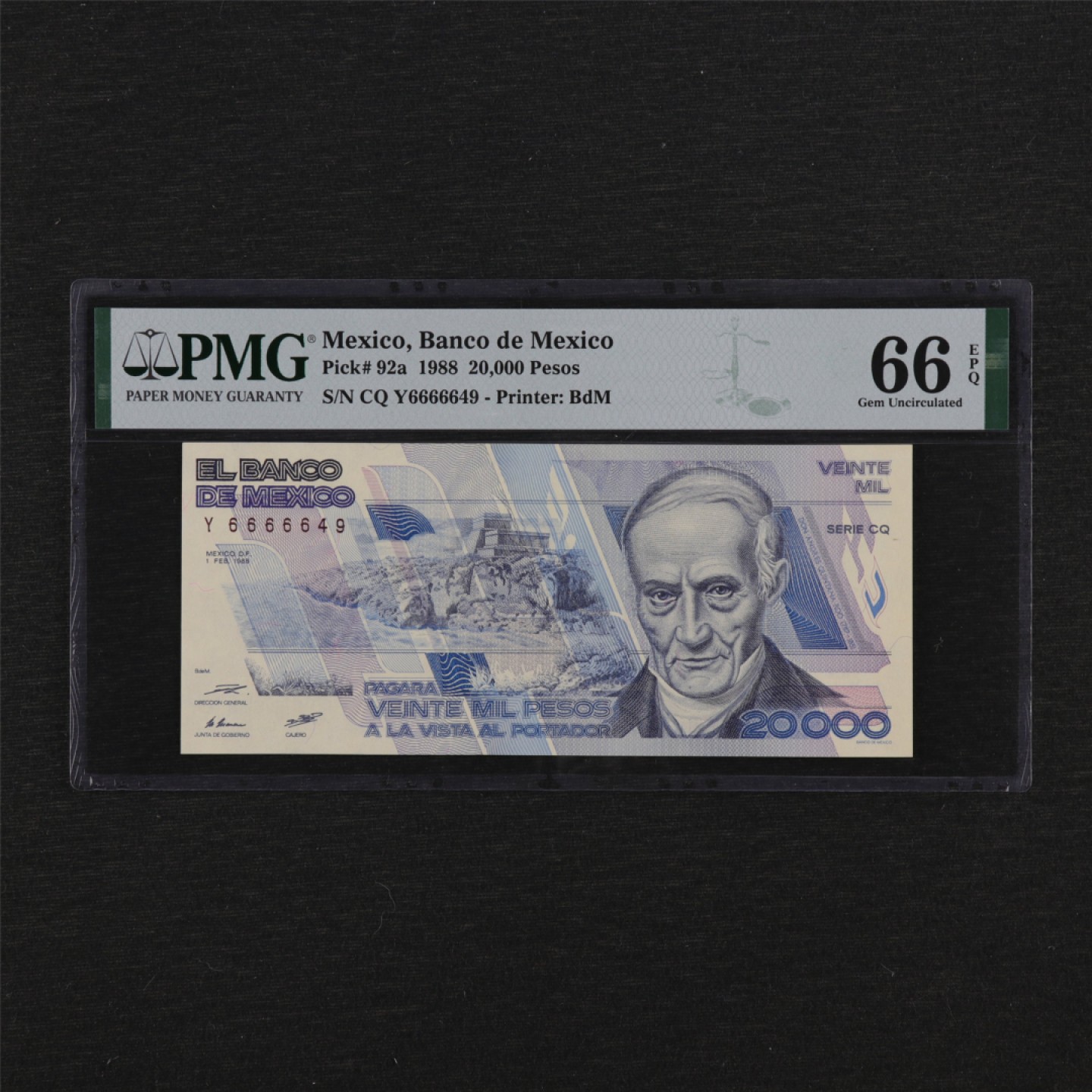 【亘邦集藏】149期拍卖 1988年 墨西哥20000比索 PMG 66EPQ 6666649