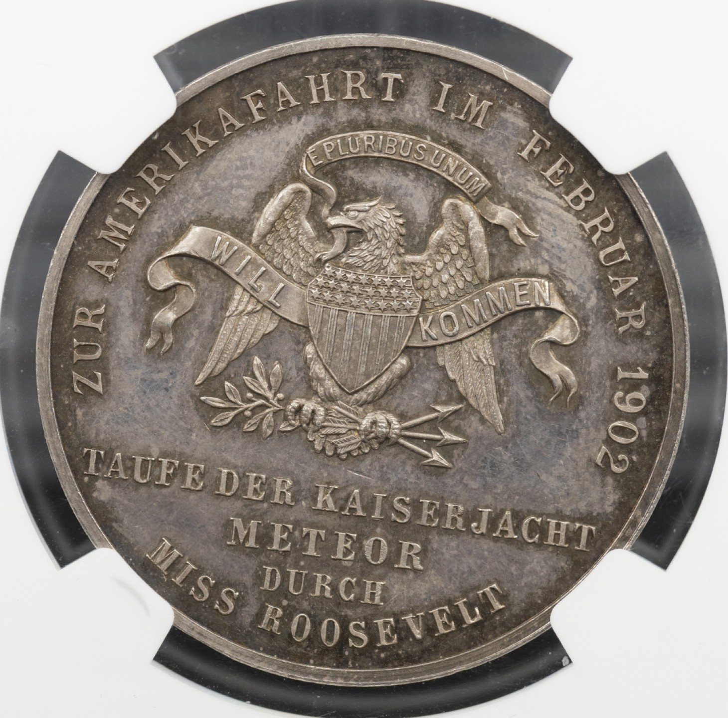 万国钱币拍卖第004期（兔年首拍） 1902年德国普鲁士阿尔伯特亲王访问美国纪念银章，德系美系的唯一经典结合