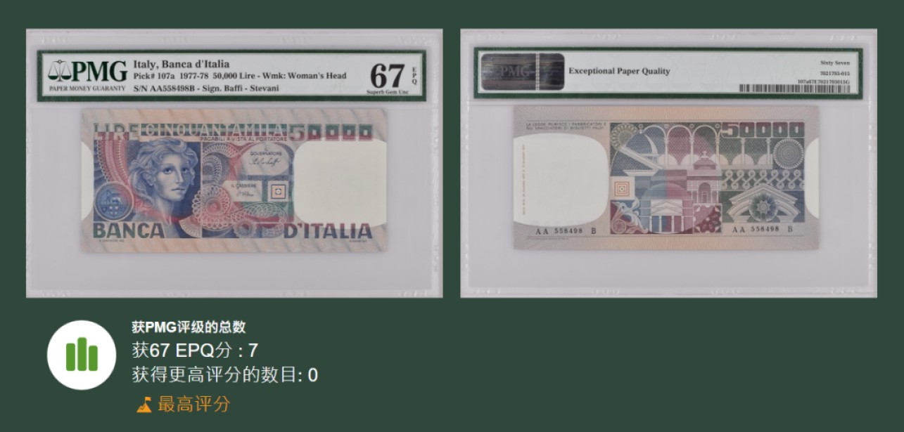 《张总收藏》89期——外币荟萃 欧洲精品 意大利1977-78年50000里拉首发AA冠非常少见PMG67E冠军分 少见品种非常难得