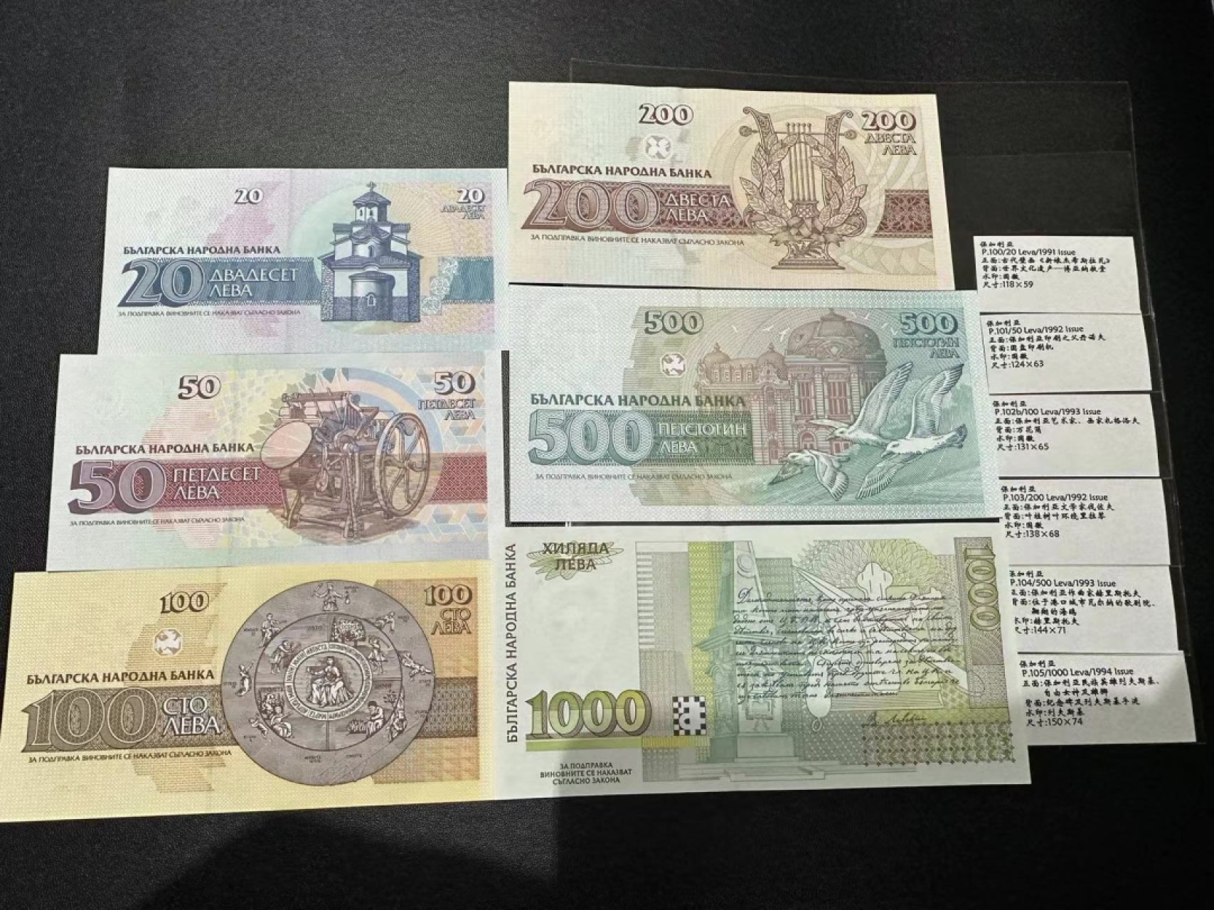 《外钞收藏家》第二百三十九期（罗马尼亚、保加利亚专场） 保加利亚1991-1994年20/50/100/200/500/1000列瓦，全套6枚	P100-105 全新