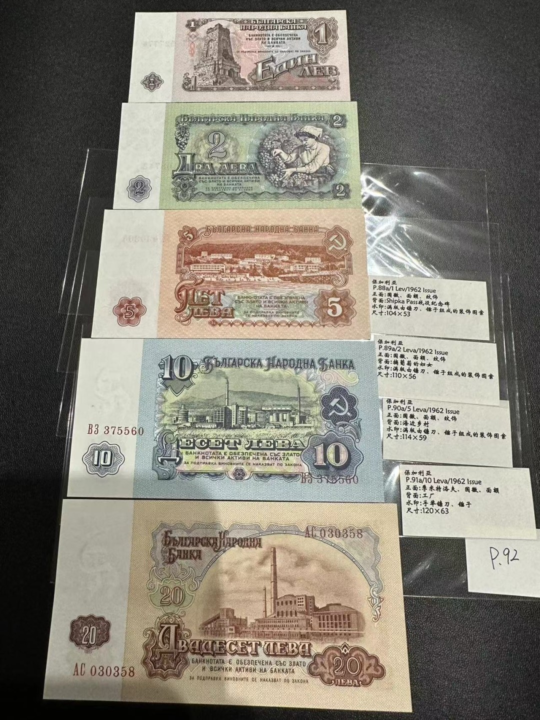 《外钞收藏家》第二百三十九期（罗马尼亚、保加利亚专场） 保加利亚1962年1/2/5/10/20列瓦，5枚全套	P88-92 全新 但有少量潮