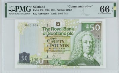 《张总收藏》89期——外币荟萃 欧洲精品 - 苏格兰皇家银行2005年50镑RBS纪念冠PMG66E千位倒置号 该版为纪念钞版本非常稀少