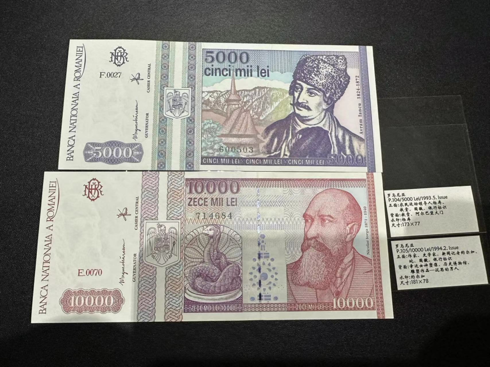 《外钞收藏家》第二百三十九期（罗马尼亚、保加利亚专场） 罗马尼亚1993/1994年5000/1万列伊，共2枚	P104/105 全新