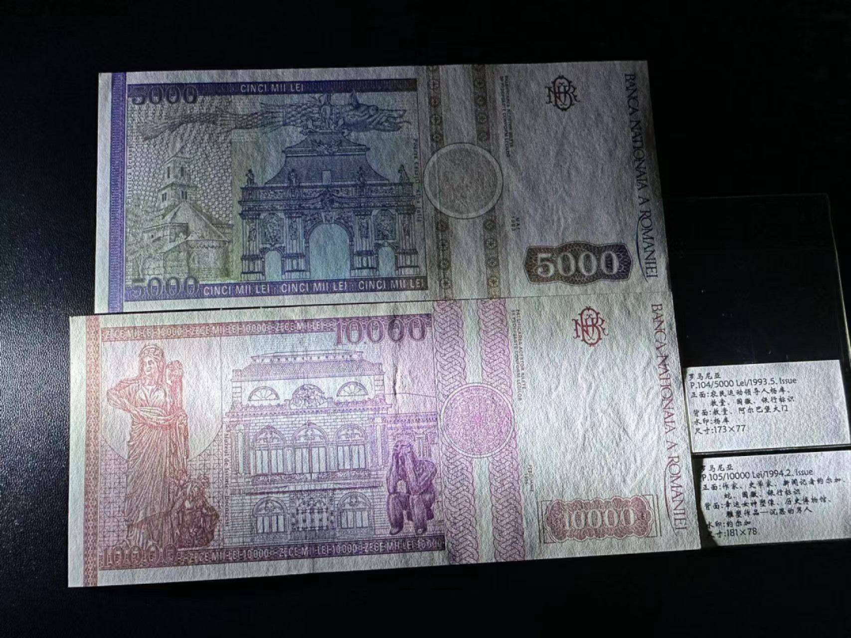 《外钞收藏家》第二百三十九期（罗马尼亚、保加利亚专场） 罗马尼亚1993/1994年5000/1万列伊，共2枚	P104/105 全新