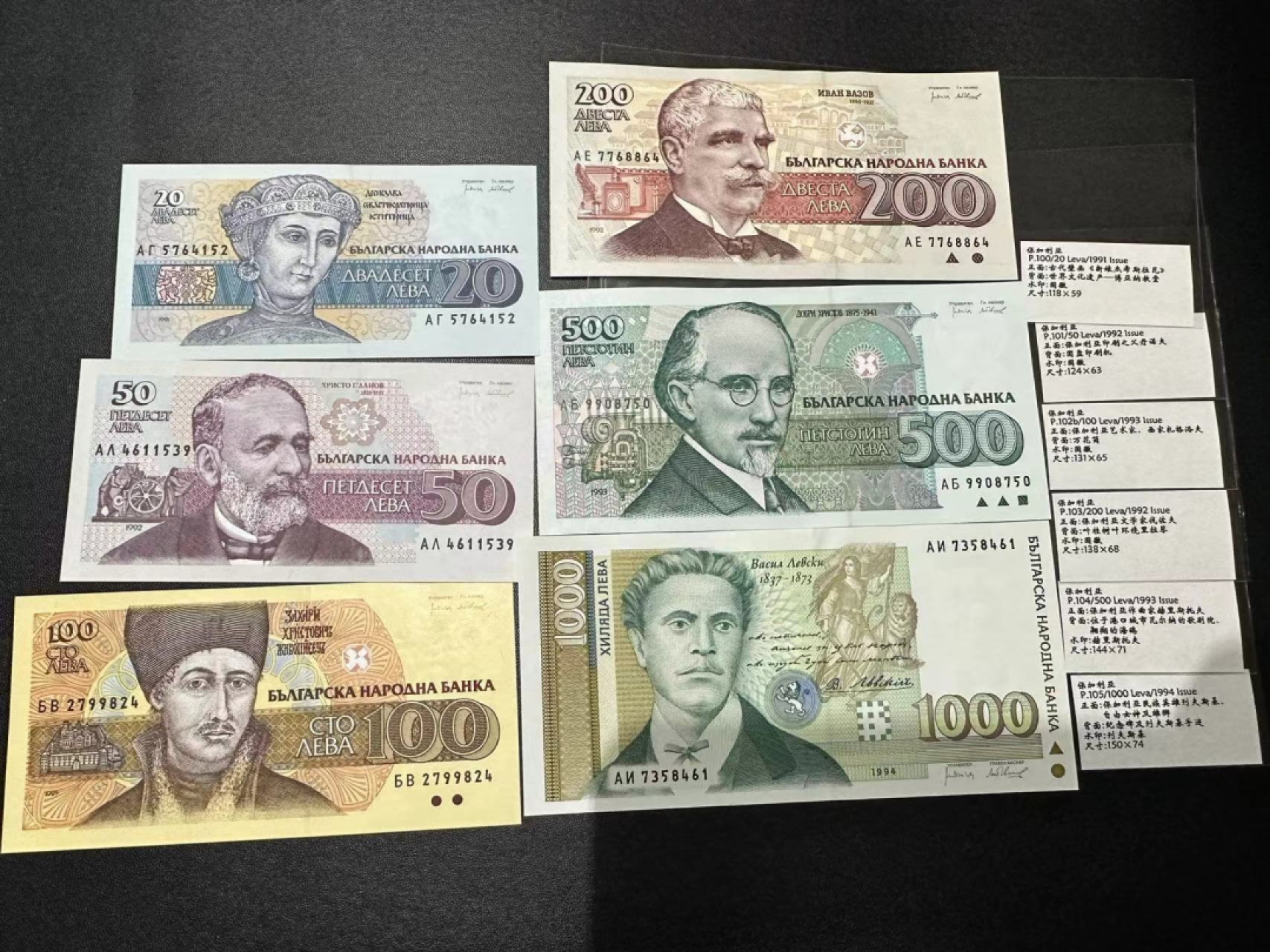 《外钞收藏家》第二百三十九期（罗马尼亚、保加利亚专场） 保加利亚1991-1994年20/50/100/200/500/1000列瓦，全套6枚	P100-105 全新