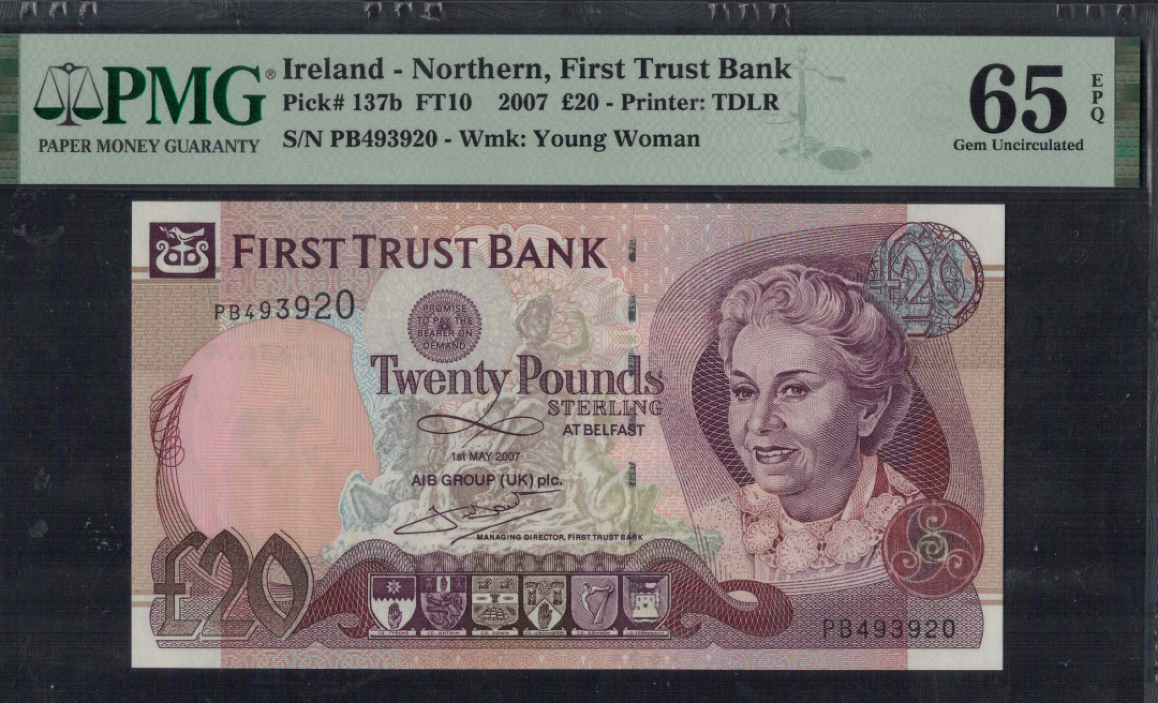 北爱尔兰(第一信托银行)20镑 2007年 P-137b 欧洲纸币 实物图 UNC