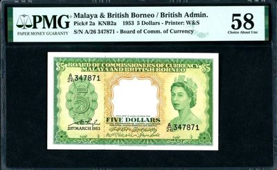 【Blue Auction】✨世界纸币精拍第289期——百慕大18号  - 【p2a】英属马来亚和婆罗洲 1953年5元 大冠女王 高值少见 票面白净状态好 PMG58 高分