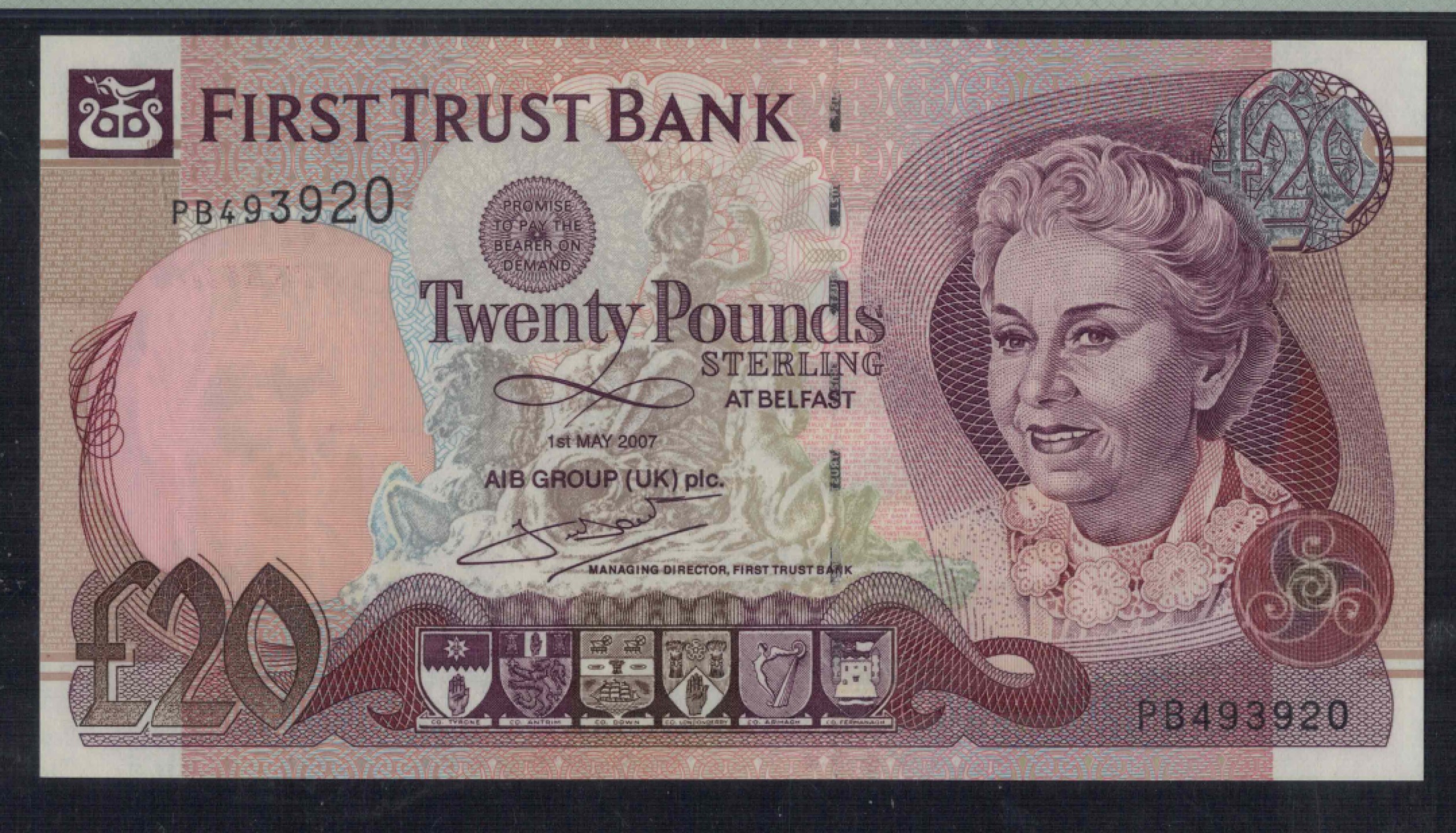 北爱尔兰(第一信托银行)20镑 2007年 P-137b 欧洲纸币 实物图 UNC