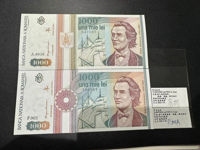 《外钞收藏家》第二百三十九期（罗马尼亚、保加利亚专场） - 罗马尼亚1991/1993年1000列伊，共2枚	P101A全新/P102AU 有一个可忽略潮点