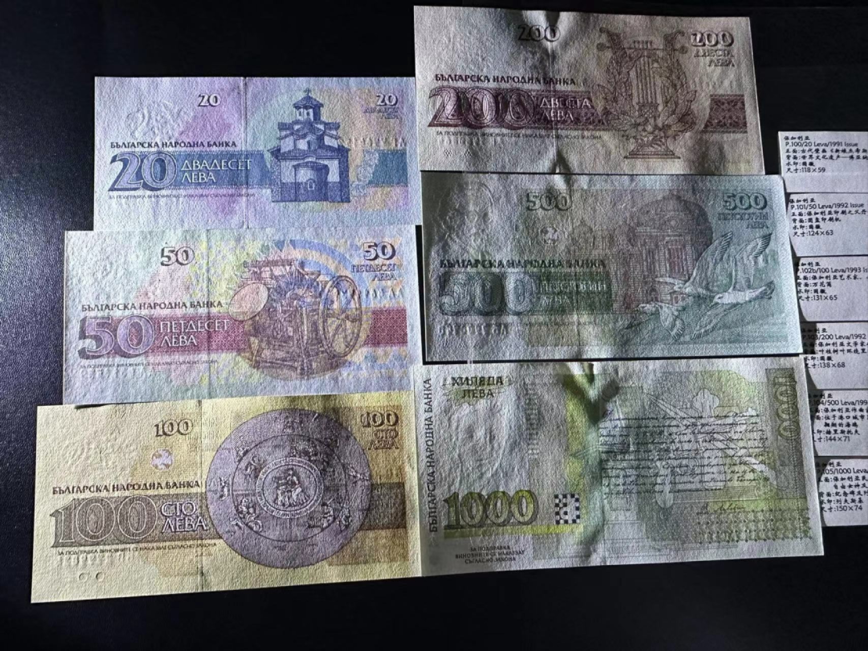 《外钞收藏家》第二百三十九期（罗马尼亚、保加利亚专场） 保加利亚1991-1994年20/50/100/200/500/1000列瓦，全套6枚	P100-105 全新